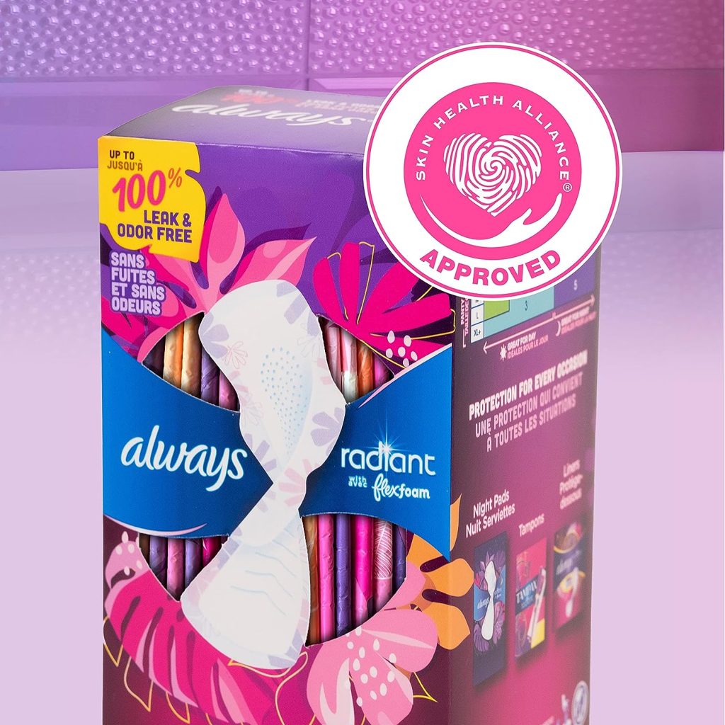 Always Radiant Feminine Pads for Women, Size 3 Extra Heavy, with Wings, Scented, 30 Count