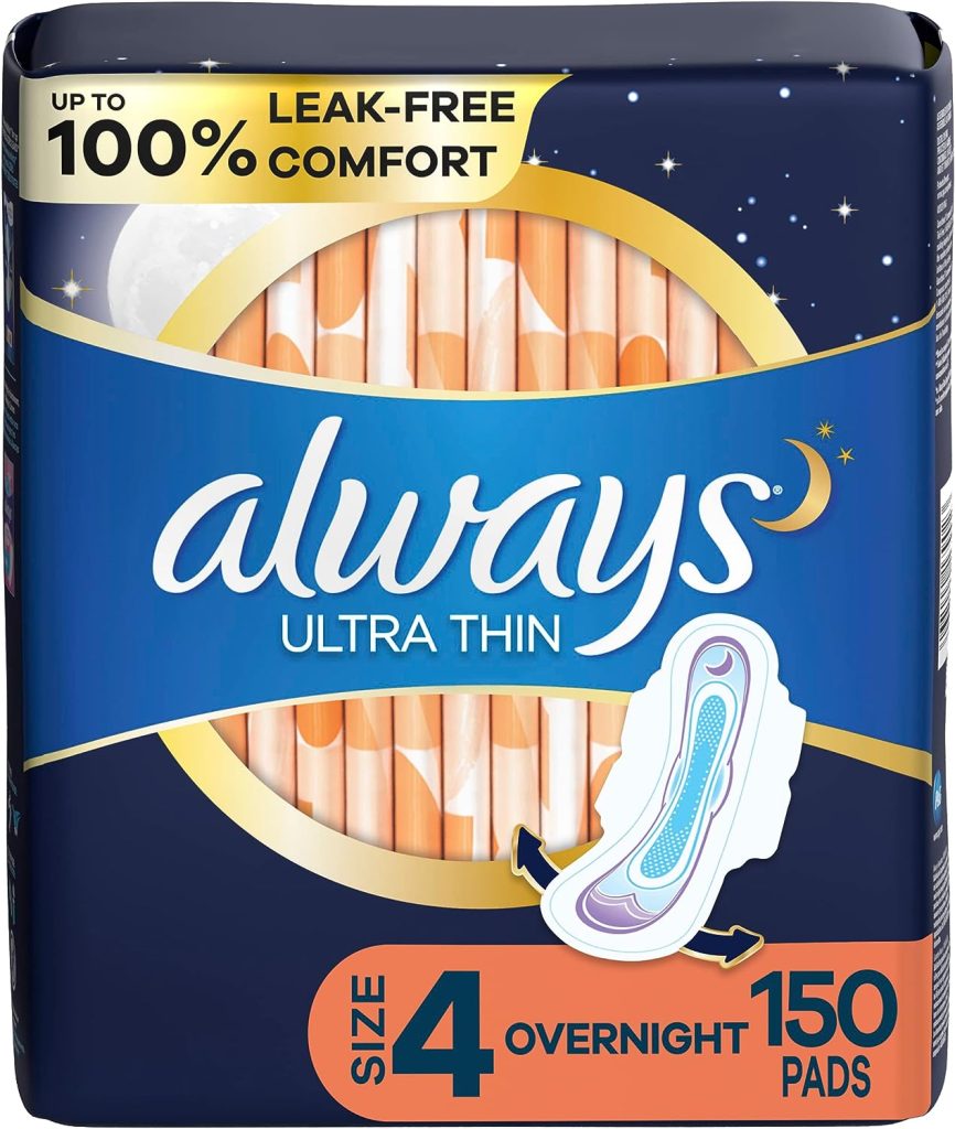 Always Ultra Thin Feminine Pads For Women, Size 4 Overnight Absorbency, Multipack, With Wings, Unscented, 50 Count (Pack of 3), 150 Count Total
