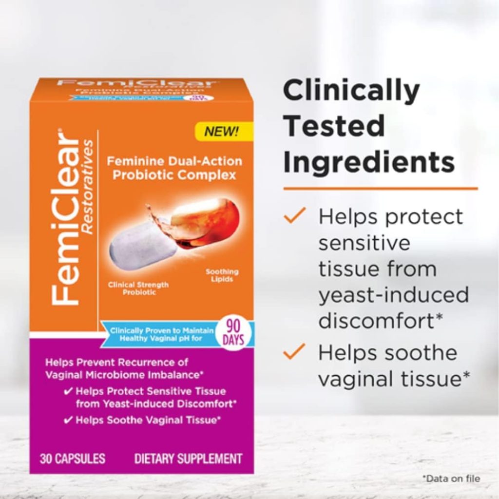 FemiClear Daily Dual-Action Probiotic | Clinically Studied Womens Probiotic with Soothing Lipids | Gluten-Free, No Soy or Lactose | Support Feminine Health | Maintain Healthy Vaginal pH | 30 Capsules