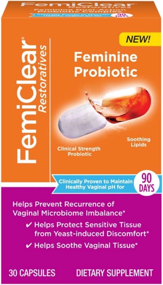 FemiClear Daily Dual-Action Probiotic | Clinically Studied Womens Probiotic with Soothing Lipids | Gluten-Free, No Soy or Lactose | Support Feminine Health | Maintain Healthy Vaginal pH | 30 Capsules