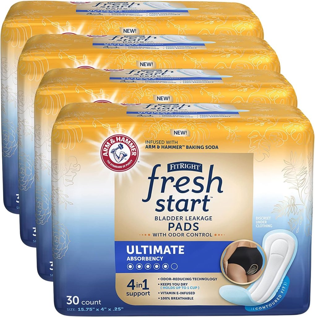 FitRight Fresh Start Postpartum and Incontinence Pads for Women, Ultimate Absorbency (120 Count) Bladder Leakage Pads with The Odor-Control Power of ARM  HAMMER (30 Count, Pack of 4)