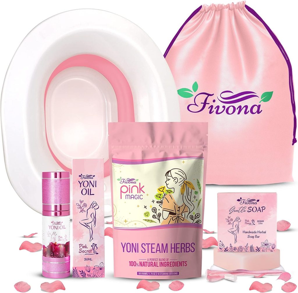 Fivona Yoni Care Kit 5-in-1 V-Steaming Set Includes Sitz Bath Seat, Herbs, Feminine Oil, Herbal Soap, Storage Bag, All Natural Herbal Vaginal Care Set