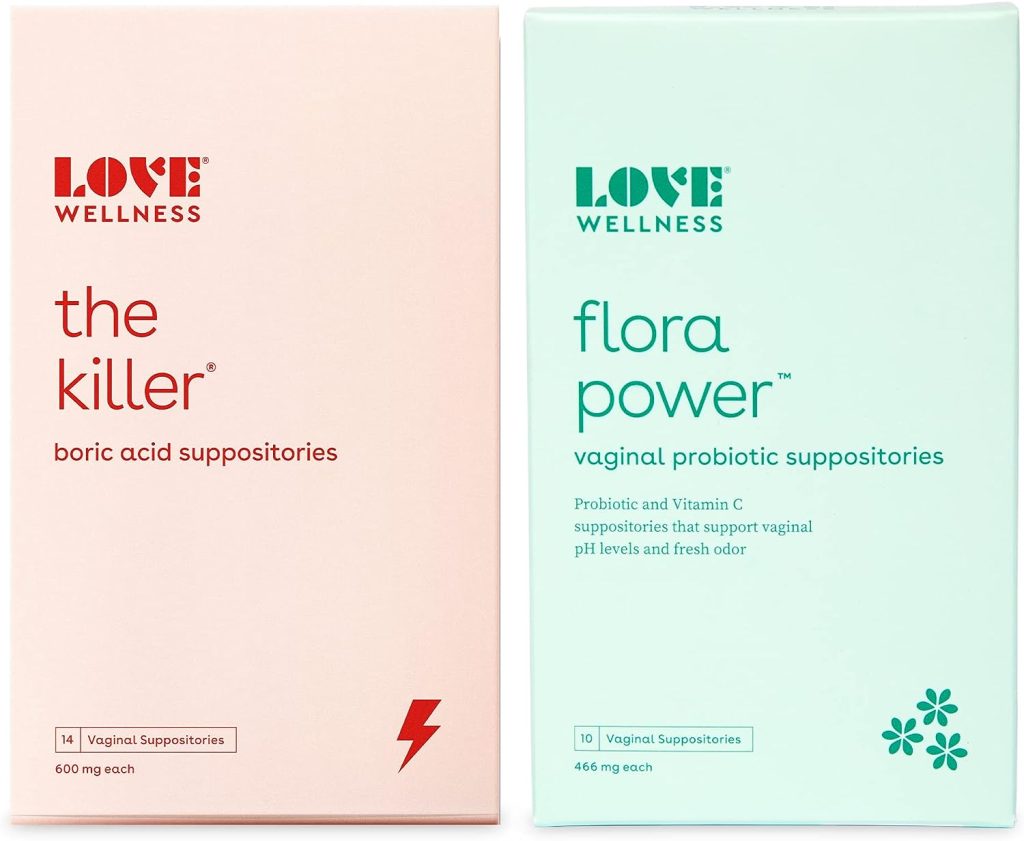 Love Wellness Womens Vaginal Suppository Duo - The Killer  Flora Power - Vaginal Suppositories with Probiotics  Boric Acid Supports pH Levels  Odor - Feminine Hygiene Products for Discomfort
