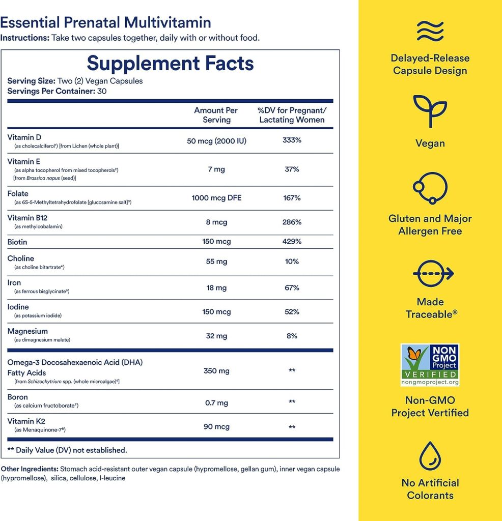 Ritual Prenatal Vitamins: Folate  Choline for Neural Tube Support, Omega-3 DHA for Fetal Brain Development, Iron, Calcium-Helper D3  K2, Non-GMO, Citrus Essenced, 30 Day Supply, 60 Vegan Capsules