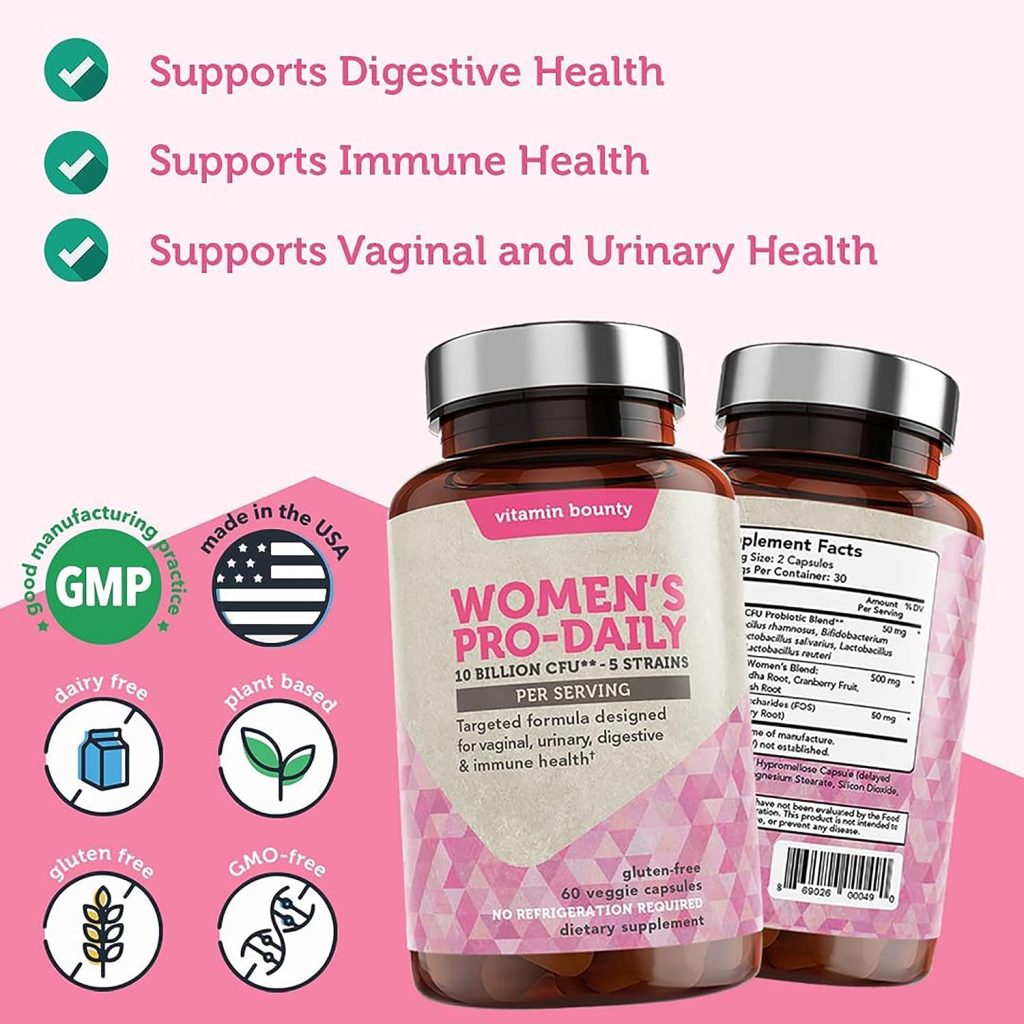 Vitamin Bounty Womens Pro Daily - Vaginal Probiotic  Prebiotic  pH Balance, Probiotics for Women, 10 Billion CFUs Per Serving with Cranberry, Gluten-Free - 60 Capsules